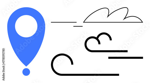 Blue location marker next to stylized wind and cloud line art. Ideal for navigation, travel, transportation, environment, weather, tourism, direction themes. Clean simple flat metaphor