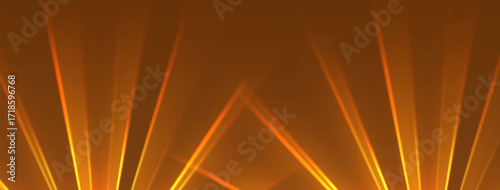 Orange lasers background., glowing rays or neon beams, bright futuristic backdrop. Concert or nightclub spotlights. Vector illustration.