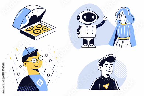 Pizza delivery boy set. male delivery person holding pizza box. Character constructor for animation, pizza delivery boy vector,