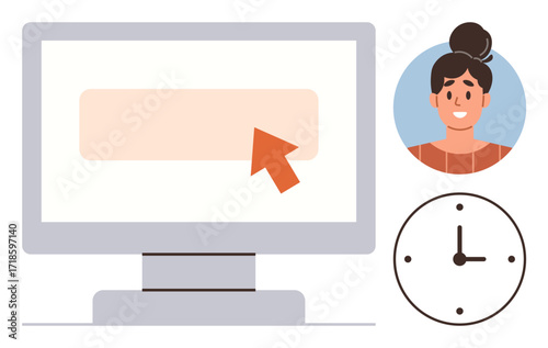 Computer monitor with arrow pointer, user profile avatar, and clock addressing focus, efficiency, collaboration, task prioritization, user experience, remote work and digital workflow. Simple flat