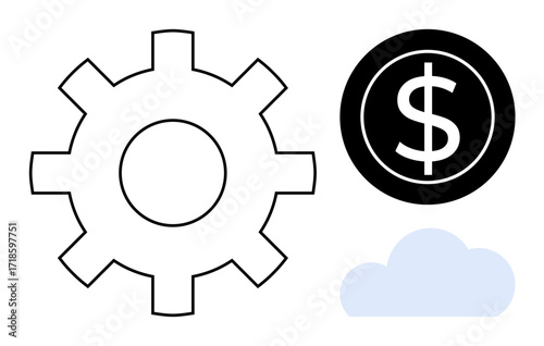 Gear for productivity, dollar coin for profitability, and light blue cloud suggest online connectivity. Ideal for business, technology, finance, efficiency, innovation, cloud computing economic