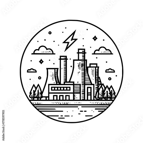 Illustration of a power plant with trees clouds lightning and stars in a circular black and white design