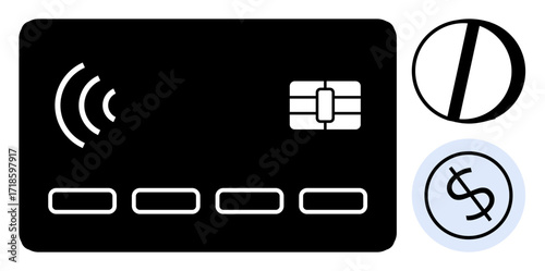 Contactless card with chip, dollar sign, and circular prohibition icon emphasizing modern payments. Ideal for finance, banking, transactions, security, technology spending and simplicity. Clean