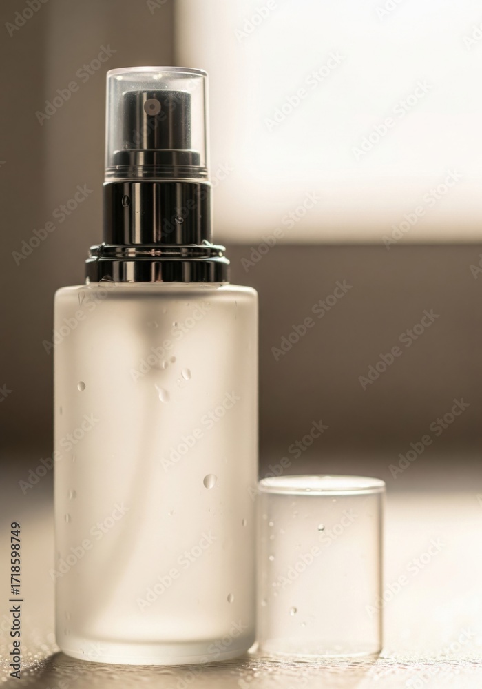 Naklejka premium Elegant White Glass Spray Bottle with Silver Accents near Window in Soft Light