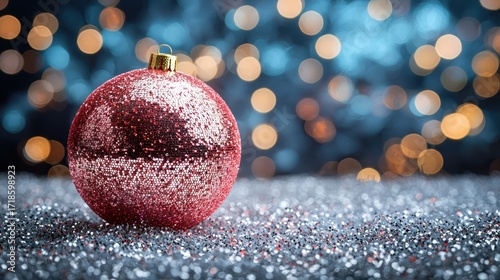 Pink christmas ornament on glitter background