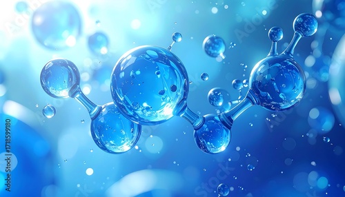 Molecular structure, water droplets, blue backdrop