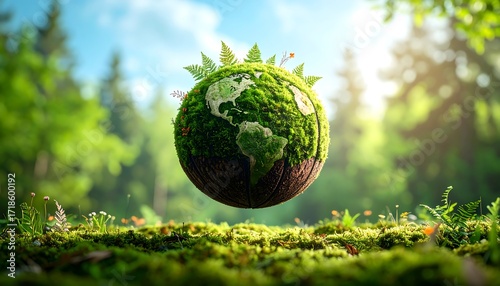 Earth globe in a lush green forest