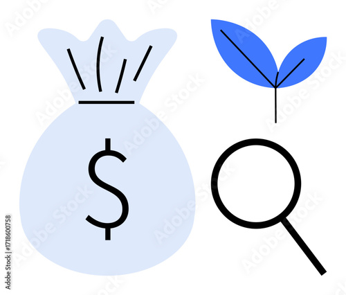 Moneybag with dollar sign, magnifying glass, and leaf element represent financial growth, eco-friendly finance, and investment potential. Ideal for renewable energy, economic research, analysis