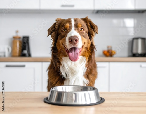 Happy dog in a kitchen, awaiting food