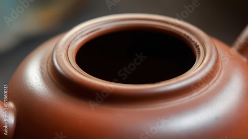 Close-up of a reddish-brown ceramic teapot lid.  The lid's interior shows a dark, glossy surface.  The lid is circular and has a subtle raised ring around the opening