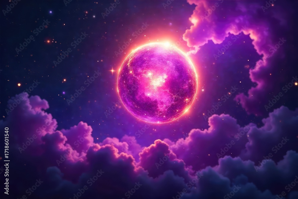 Fototapeta premium A mystical, glowing orb floats amidst swirling purple and gold magical energy, ethereal and enchanting Perfect for fantasy, witchcraft, or cosmic themes , light, purple, night sky