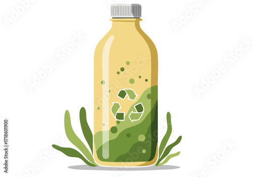 A stylish bottle of Smart Bio Glow sits amidst lush greenery, showcasing a modern, eco-friendly design. Clean, bright illustration with a calming background.