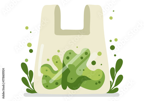 A stylized green bag glows with vibrant foliage, conveying eco-friendliness and freshness. Modern, flat design illustration for sustainable concepts.