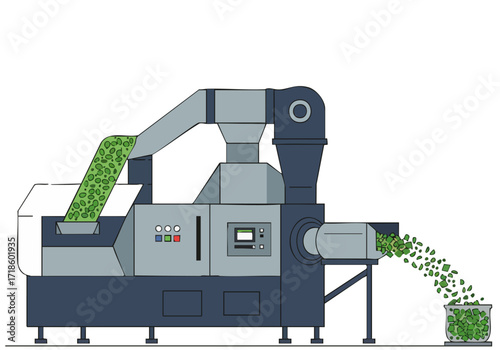 stylized illustration depicts a bio pellet production machine The design is modern and clean showcasing the process with clear lines and a focused composition