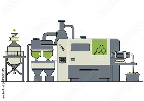 A stylized illustration depicts a modern bio-processing plant. Clean lines and a muted color palette showcase industrial equipment. Ideal for tech, science, or business concepts.