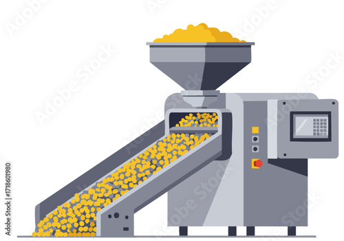 A stylized illustration depicts a fast poly form machine dispensing yellow pellets. Modern, industrial design with a clean, flat vector style. Suitable for business and technology themes.