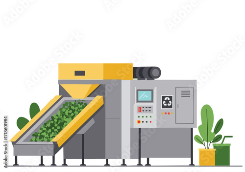 stylized illustration depicts a modern bio-processing plant with a recycling symbol Bright colors and clean lines showcase sustainable technology Ideal for environmental or tech concepts