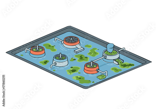 stylized isometric illustration depicts a 'Smart Harvest' system - a water-based hydroponic setup with multiple circular tanks and tubing It-s a clean modern design
