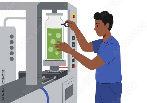 A technician adjusts a bioreactor, monitoring green liquid. Focused on precision and scientific process. Clean, modern lab setting.
