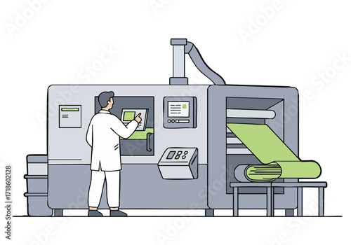 A technician monitors a check machine, inspecting printed rolls. Modern industrial setting, clean lines, and a professional workflow. Suitable for business and manufacturing visuals.