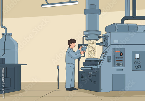technician monitors a pellet testing machine in a laboratory setting Focused on quality control the image showcases industrial equipment and a professional worker Clean modern aesthetic