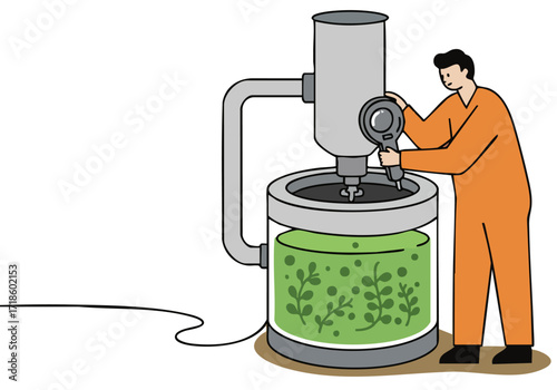 A technician troubleshoots a hydroponic system, examining plant growth in a clear tank. Modern, industrial setting. Focus on detail and process.
