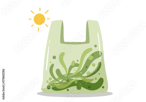 A vibrant green bag glows under sunlight, showcasing plastic degradation. Illustrative design, perfect for environmental themes and sustainability concepts.
