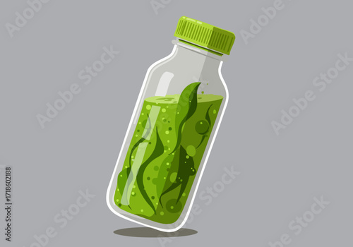 A vibrant green juice bottle with leafy ingredients fills the frame. Clean, modern design with a green cap. Perfect for health, wellness, and eco-friendly themes.