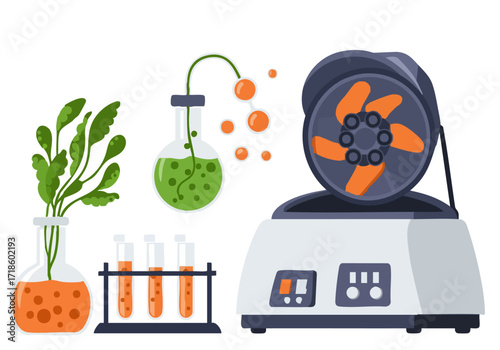 A vibrant illustration showcases algae spin technology in a lab setting. Green algae grow alongside test tubes and a centrifuge, highlighting scientific innovation. Modern, clean design.