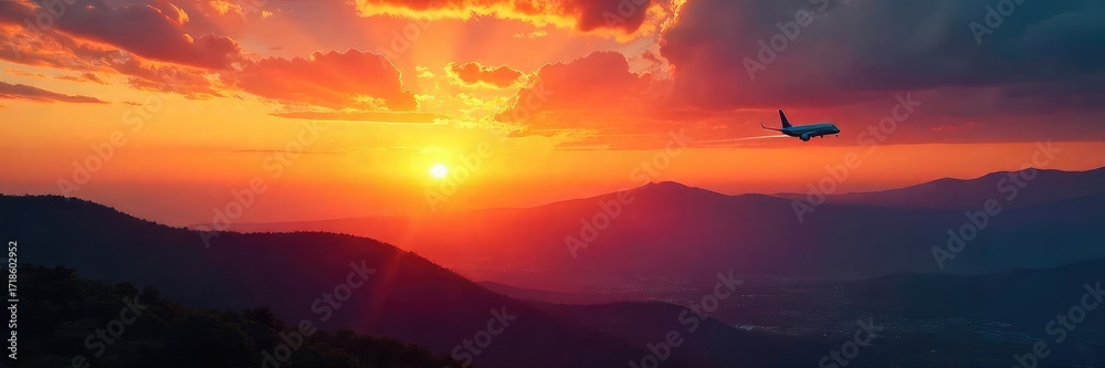 Fototapeta premium Vibrant Sunset Over Brazilian Landscape with Ascending Airplane and Contrail