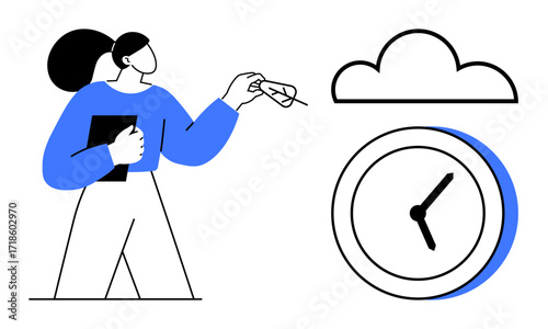 Woman holding glasses and tablet, clock icon, and cloud representing time management and digital storage. Ideal for productivity, organization, remote work, technology, planning, digital solutions