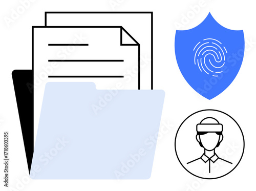 Folder with documents, fingerprint on shield, and person profile icon. Ideal for identity, security, privacy, data protection, document management digital access user authentication. Simple flat