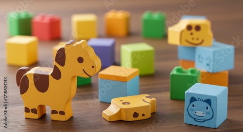 木製動物ブロック カラフル 積み木遊び 優しい光で輝く. AI Generated