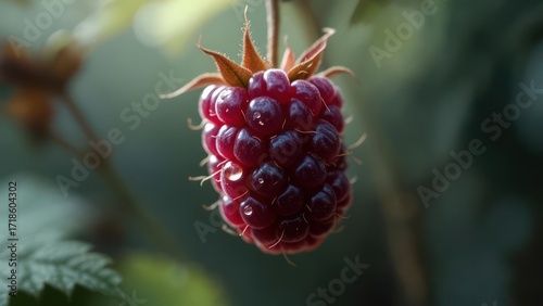 Close-up of a vibrant red raspberry hanging from a stem