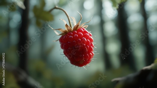 Close-up of a vibrant red raspberry hanging from a branch,  blurred forest background