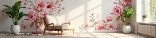 Elegant floral wallpaper adorns a sunlit interior, creating a serene and sophisticated atmosphere Perfect for home decor, interior design, and spring themes , bloom, blossom, pretty