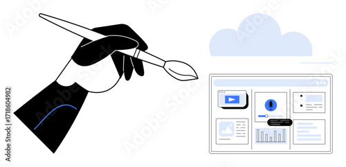 Hand with paintbrush next to cloud and data-rich dashboard, blending creativity with technology. Ideal for innovation, art, design, analytics, digital transformation, remote work, and cloud