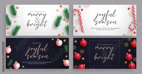 Christmas card joyful season greeting clipart banner set. Merry and bright Christmas greeting and wishes card clip art in elegant white and black background collection vector illustration.
