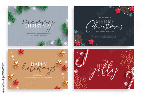 Merry Christmas greeting card clipart banner set. Happy Holidays and Holly Jolly Christmas banner clip art in elegant calligraphy greeting seasonal poster collection vector illustration.
