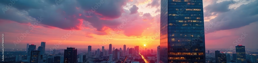 Fototapeta premium Glass Skyscraper Reflecting City Lights at Sunset Modern Corporate Architecture