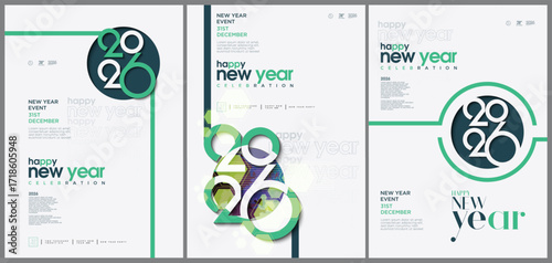 Creative concept Happy New Year 2026 poster set. Design template with 2026 typography logo for celebration background and season decoration. Modern and minimalist background for branding and banners.