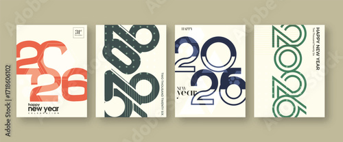Four Sets of Happy New Year 2026 Designs. Classic retro designs. 2026 typography logo design for season celebration and decoration. 2026 new year minimalist trendy background.