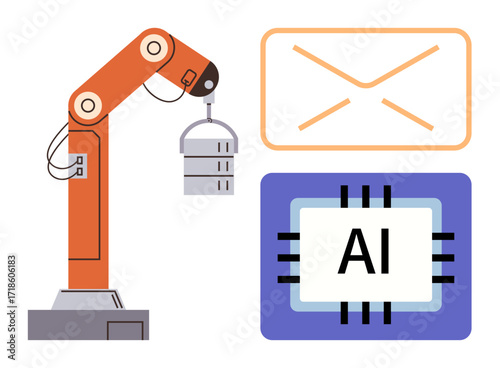 Robotic arm holding server beside AI chip and email icon highlighting automation, AI, and communication. Ideal for AI, automation, robotics, technology, industry, data communication in a simple flat