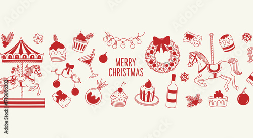Celebrate the holidays with this charming collection of festive Merry Christmas icons featuring carousels, cakes, gifts, and holiday cheer