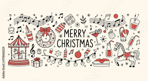 Celebrate the joyous season with a whimsical collection of festive icons including music, gifts, and holiday cheer, perfect for any Merry Christmas design.