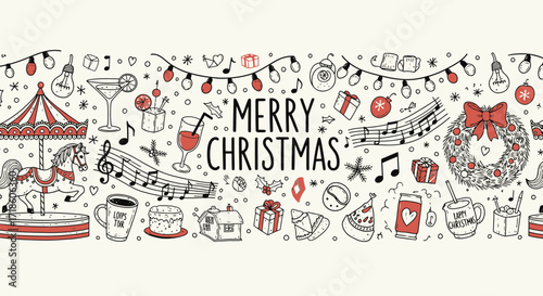 Whimsical hand-drawn Merry Christmas banner bursting with festive icons like carousels, drinks, gifts, music, and wreaths, perfect for holiday cheer.