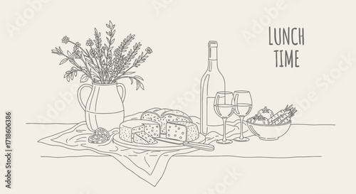 Charming hand-drawn illustration of a delightful lunch spread featuring wine, cheese, bread, and fresh vegetables, perfect for culinary and lifestyle themes.
