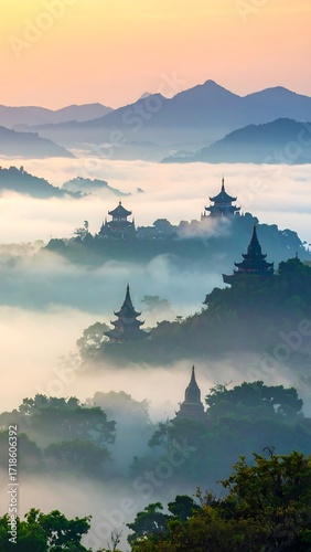 Misty mountaintop view of ancient pagodas