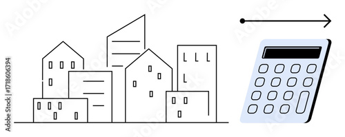 Minimalist city skyline with a calculator connected by an arrow, emphasizing cost analysis or planning. Ideal for real estate, budgeting, urban economics, property investment, sustainability
