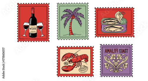 Vibrant collection of travel-themed postage stamps featuring wine, palm tree, sardines, lobster, and Amalfi Coast design elements